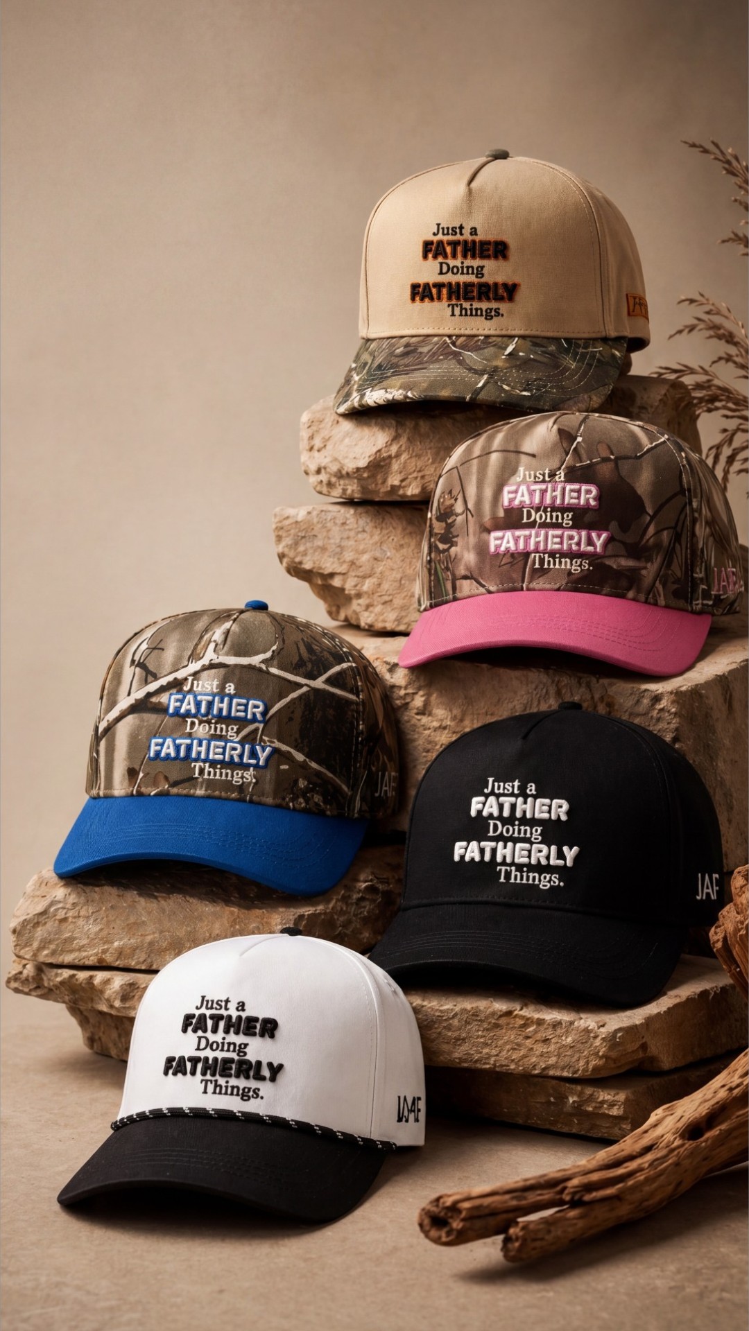 JAFDFT Drop 001 — all five colorways on natural stone